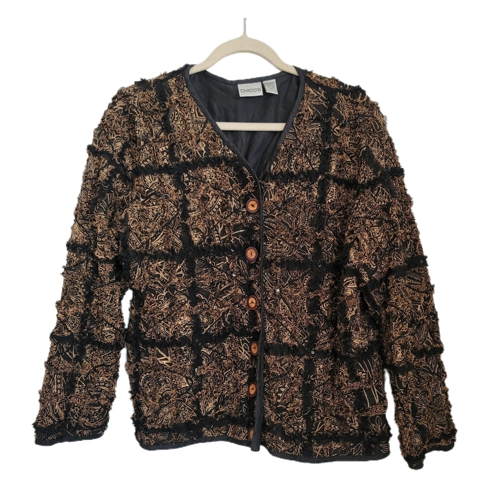 Chico's Blazer Jacket Womens L Large Froo Froo Interlude Button Front Lined